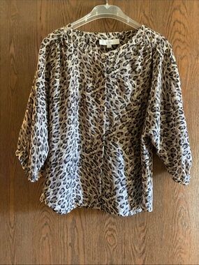 LOFT Leopard Print Button-Front Blouse in Beige and Brown